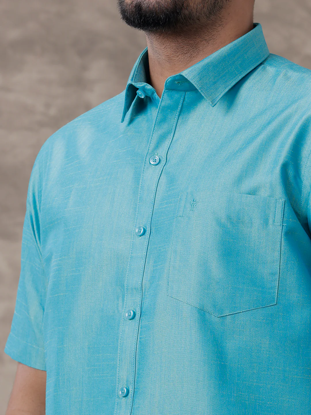 Men Matching Jari Border Dhoti & Half Sleeves Shirt Set Blue VB8 - Image 3