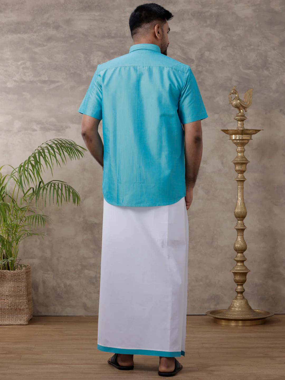 Men Matching Jari Border Dhoti & Half Sleeves Shirt Set Blue VB8 - Image 4