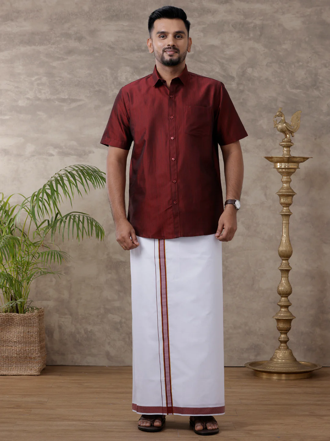 Men Matching Jari Border Dhoti & Half Sleeves Shirt Set Maroon VB7 - Image 2
