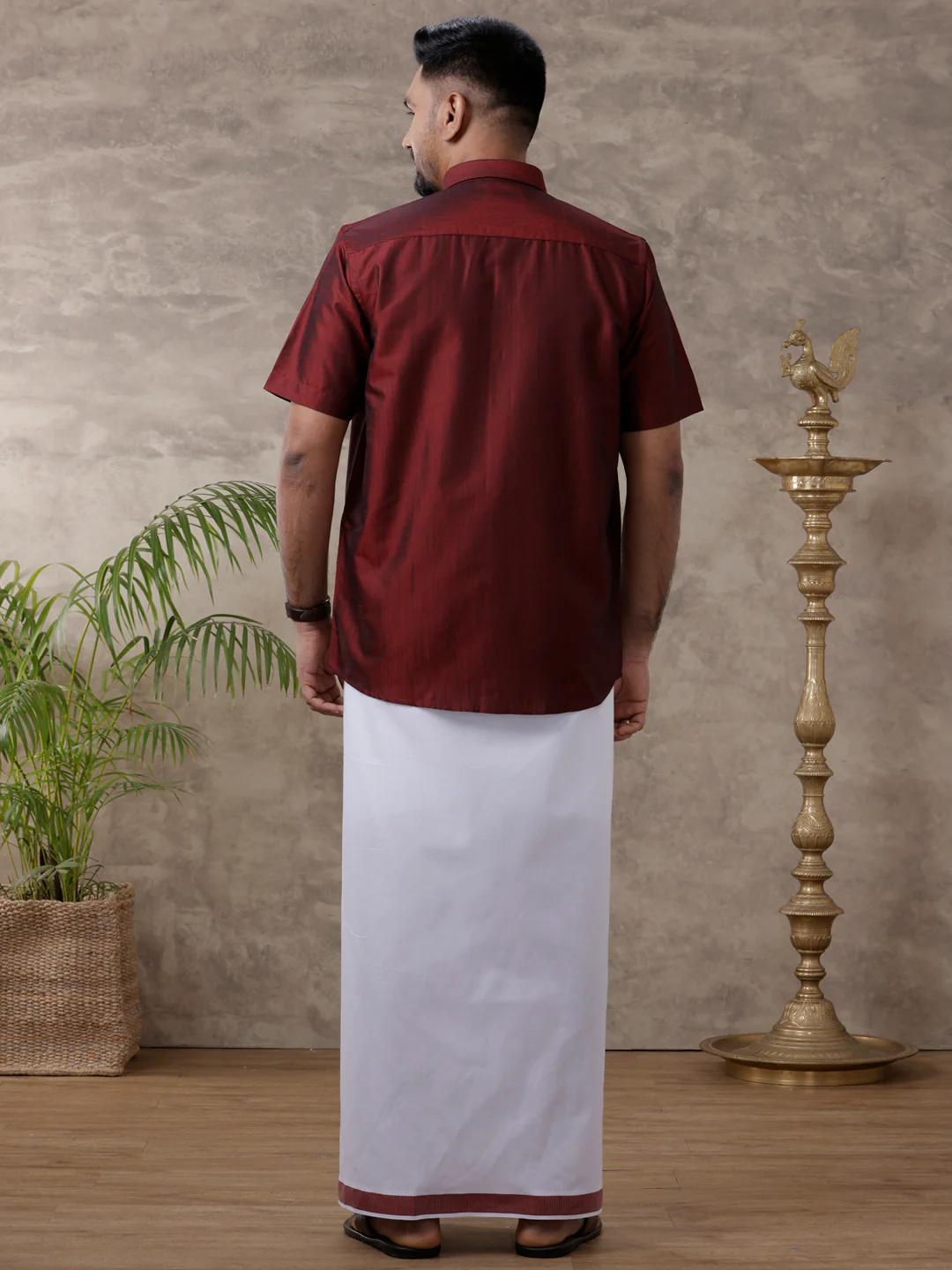 Men Matching Jari Border Dhoti & Half Sleeves Shirt Set Maroon VB7 - Image 3