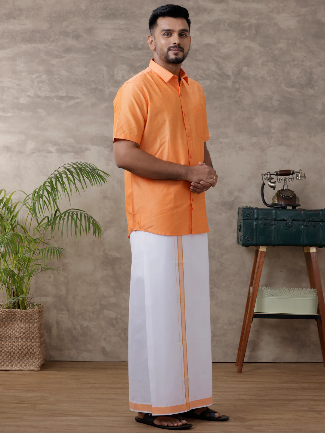 Men Matching Jari Border Dhoti & Half Sleeves Shirt Set Orange VB4 - Image 2