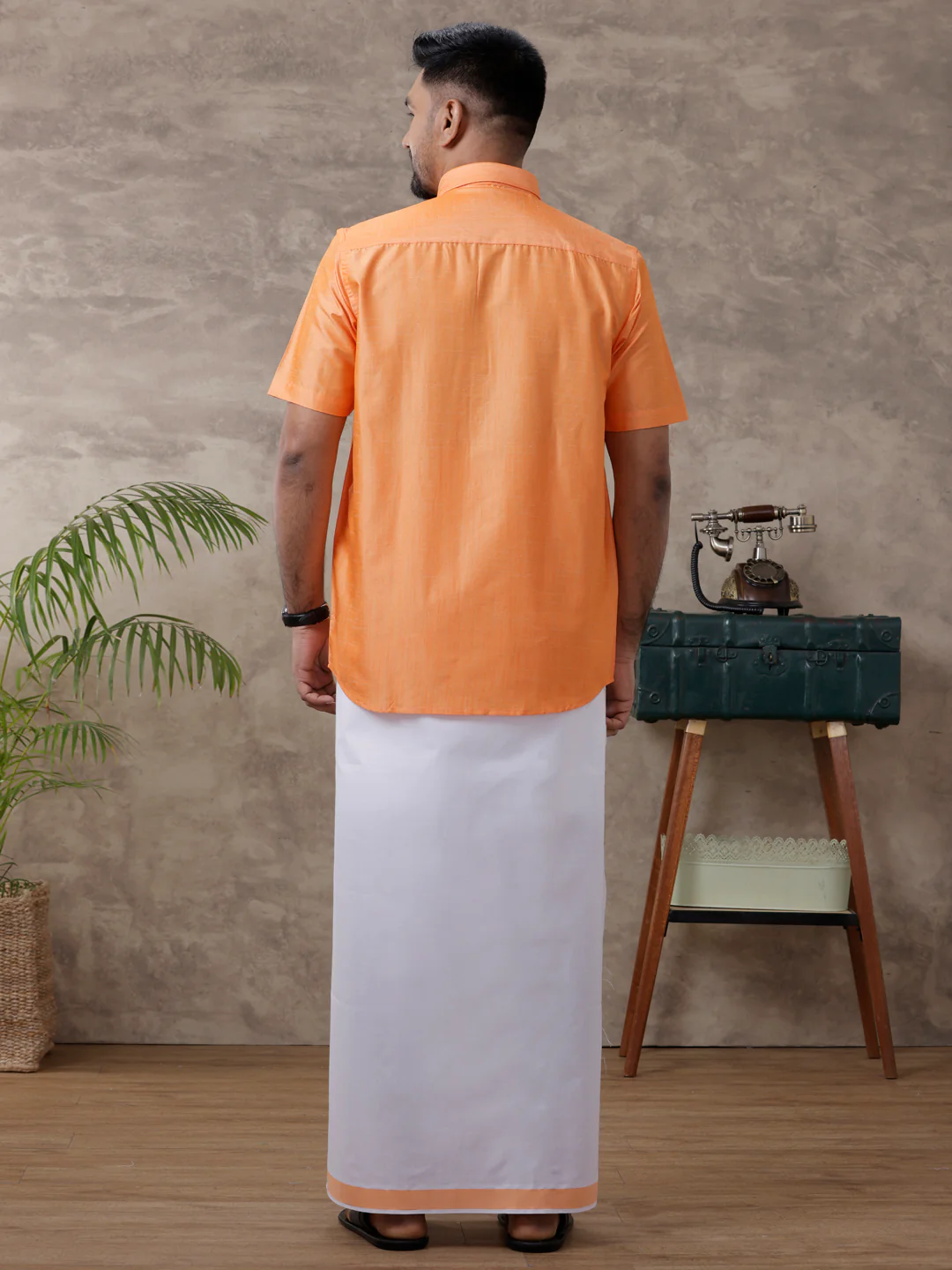 Men Matching Jari Border Dhoti & Half Sleeves Shirt Set Orange VB4 - Image 3