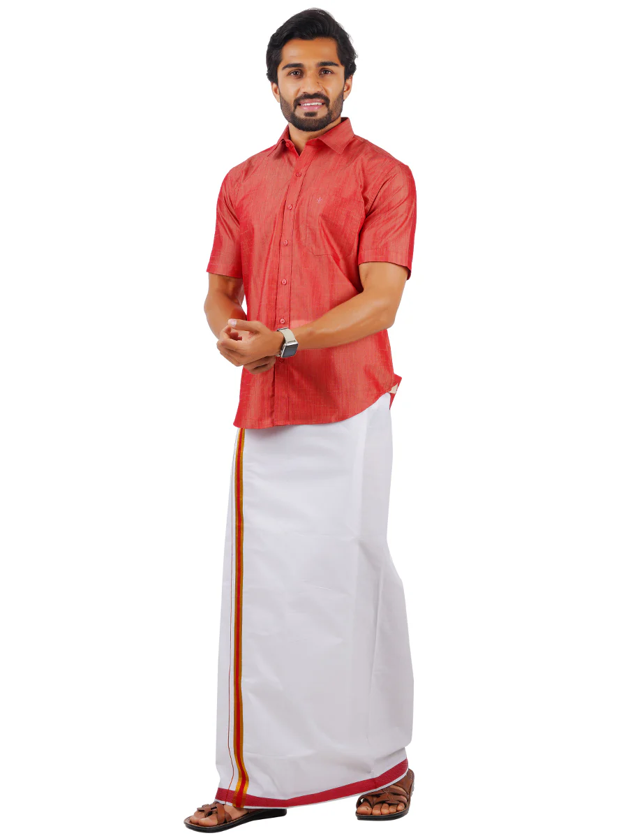 Men Matching Jari Border Dhoti & Half Sleeves Shirt Set Pink VB1 - Image 2