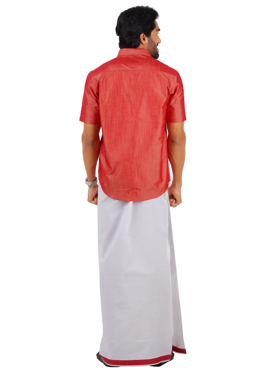 Men Matching Jari Border Dhoti & Half Sleeves Shirt Set Pink VB1 - Image 3