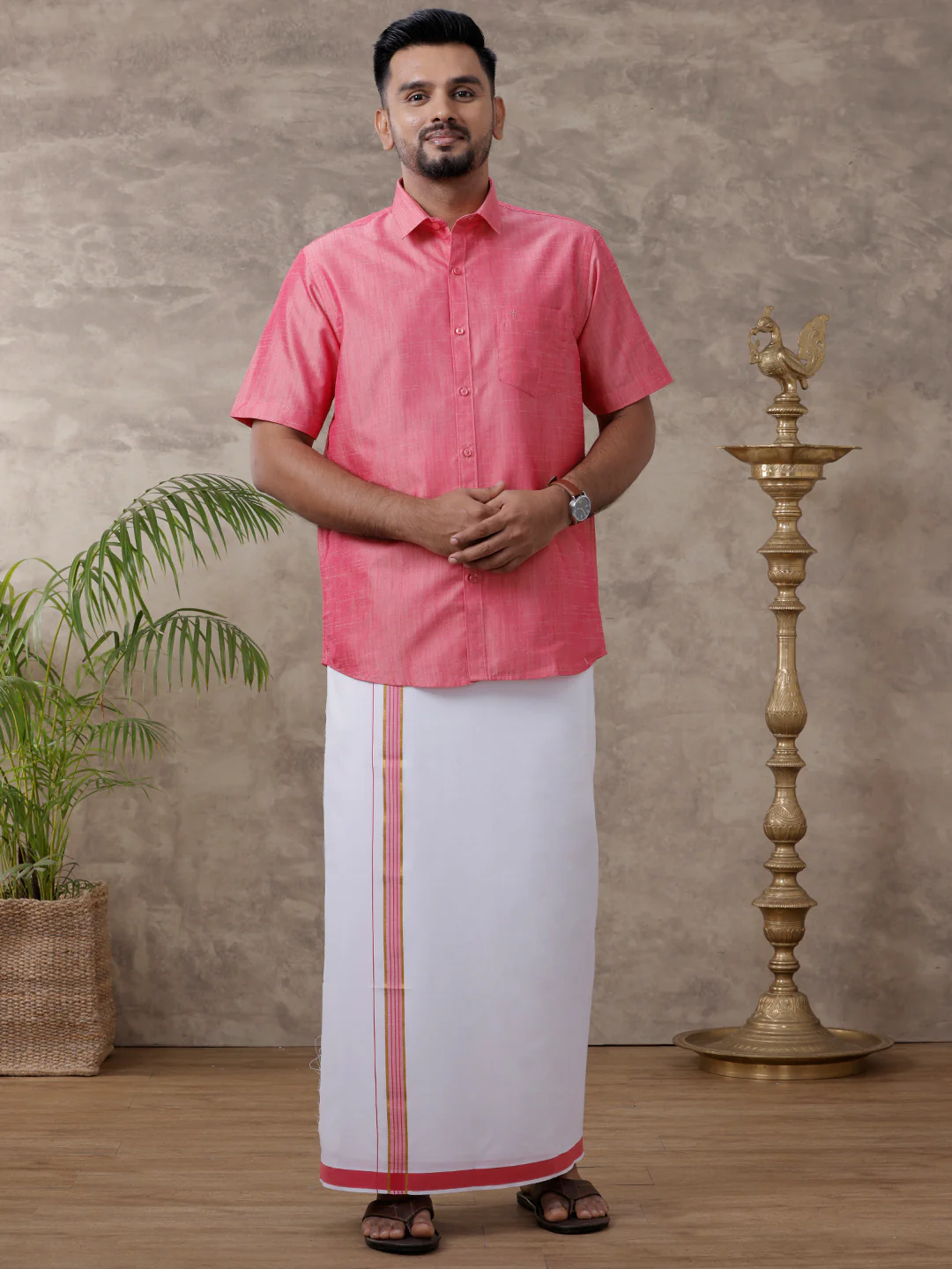 Men Matching Jari Border Dhoti & Half Sleeves Shirt Set Pink VB3 - Image 2
