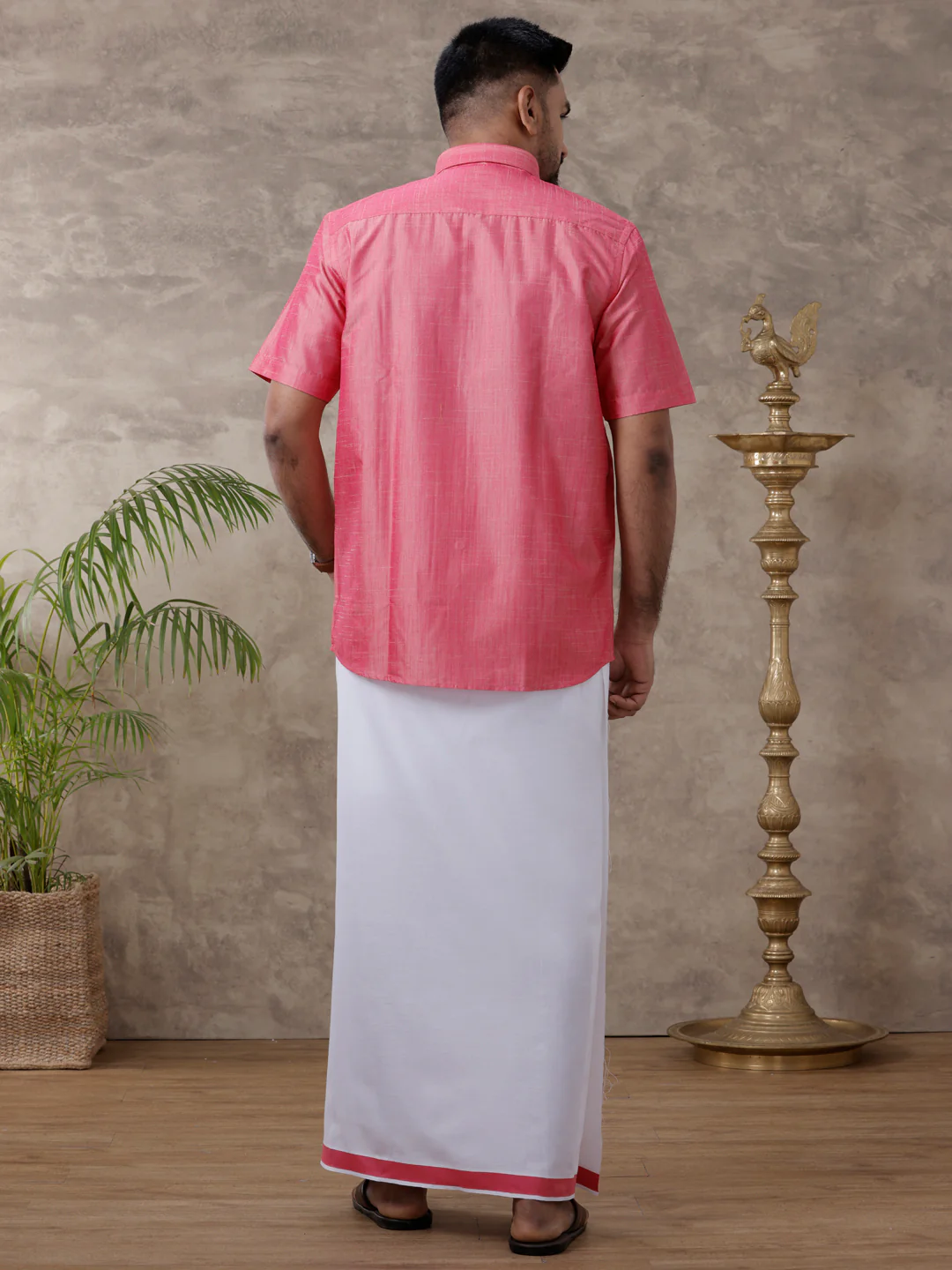 Men Matching Jari Border Dhoti & Half Sleeves Shirt Set Pink VB3 - Image 3