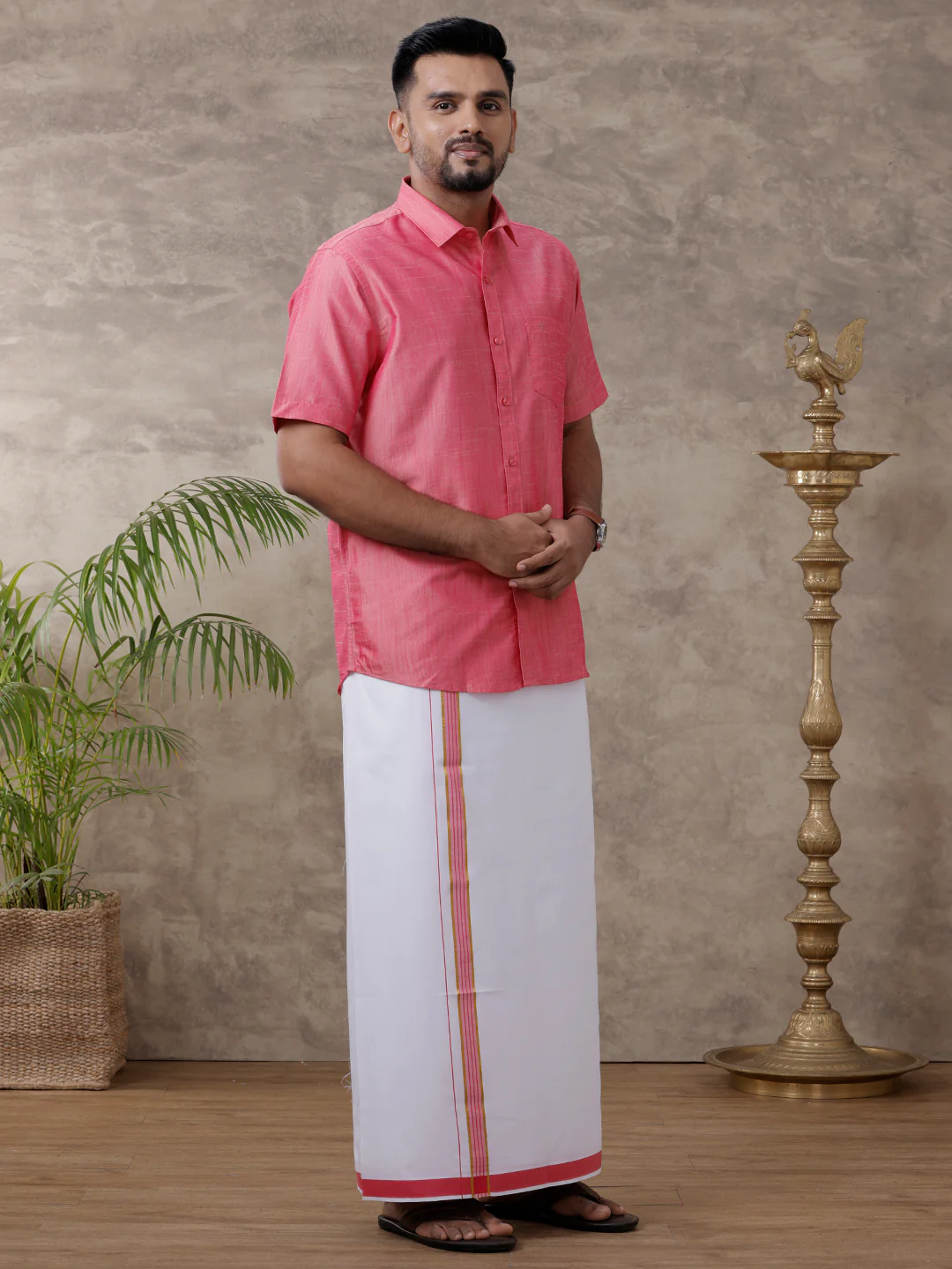 Men Matching Jari Border Dhoti & Half Sleeves Shirt Set Pink VB3 - Image 4