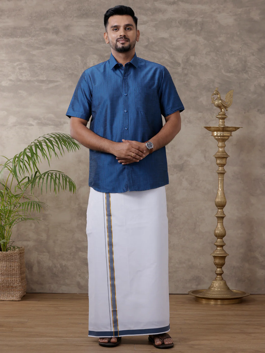 Men Matching Jari Border Dhoti & Half Sleeves Shirt Set VB9 - Image 2