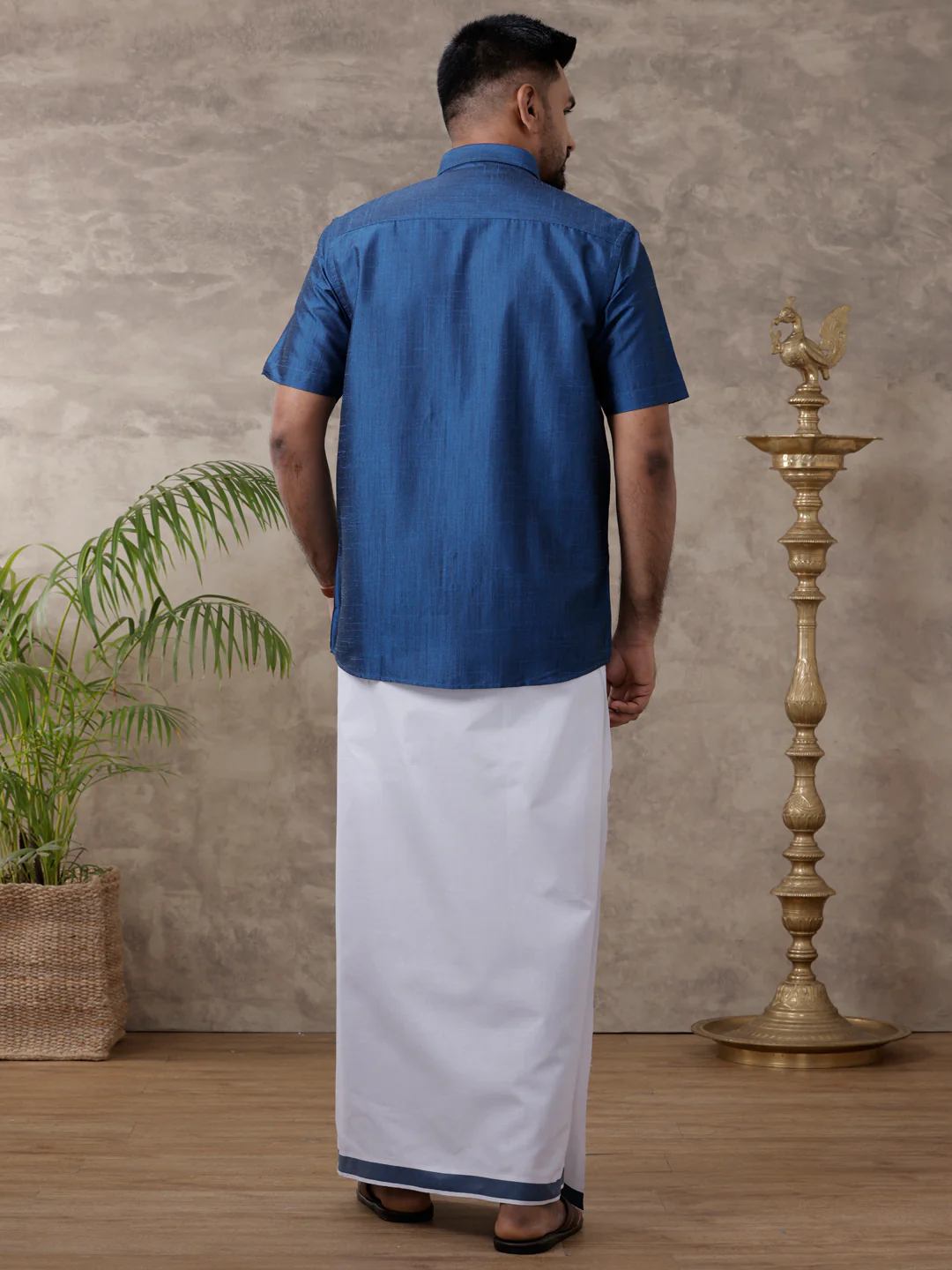Men Matching Jari Border Dhoti & Half Sleeves Shirt Set VB9 - Image 3