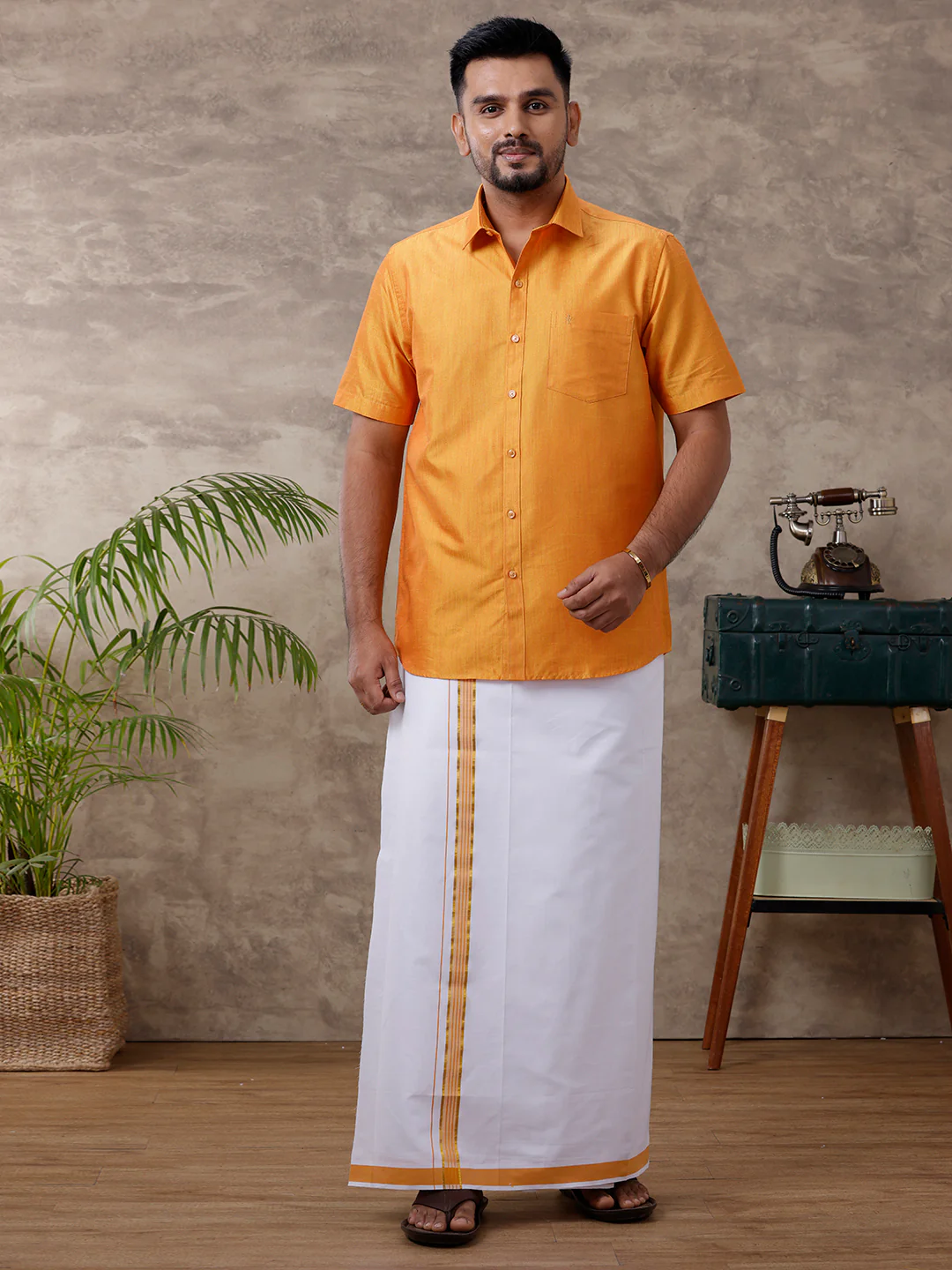 Men Matching Jari Border Dhoti & Half Sleeves Shirt Set Yellow VB2 - Image 2