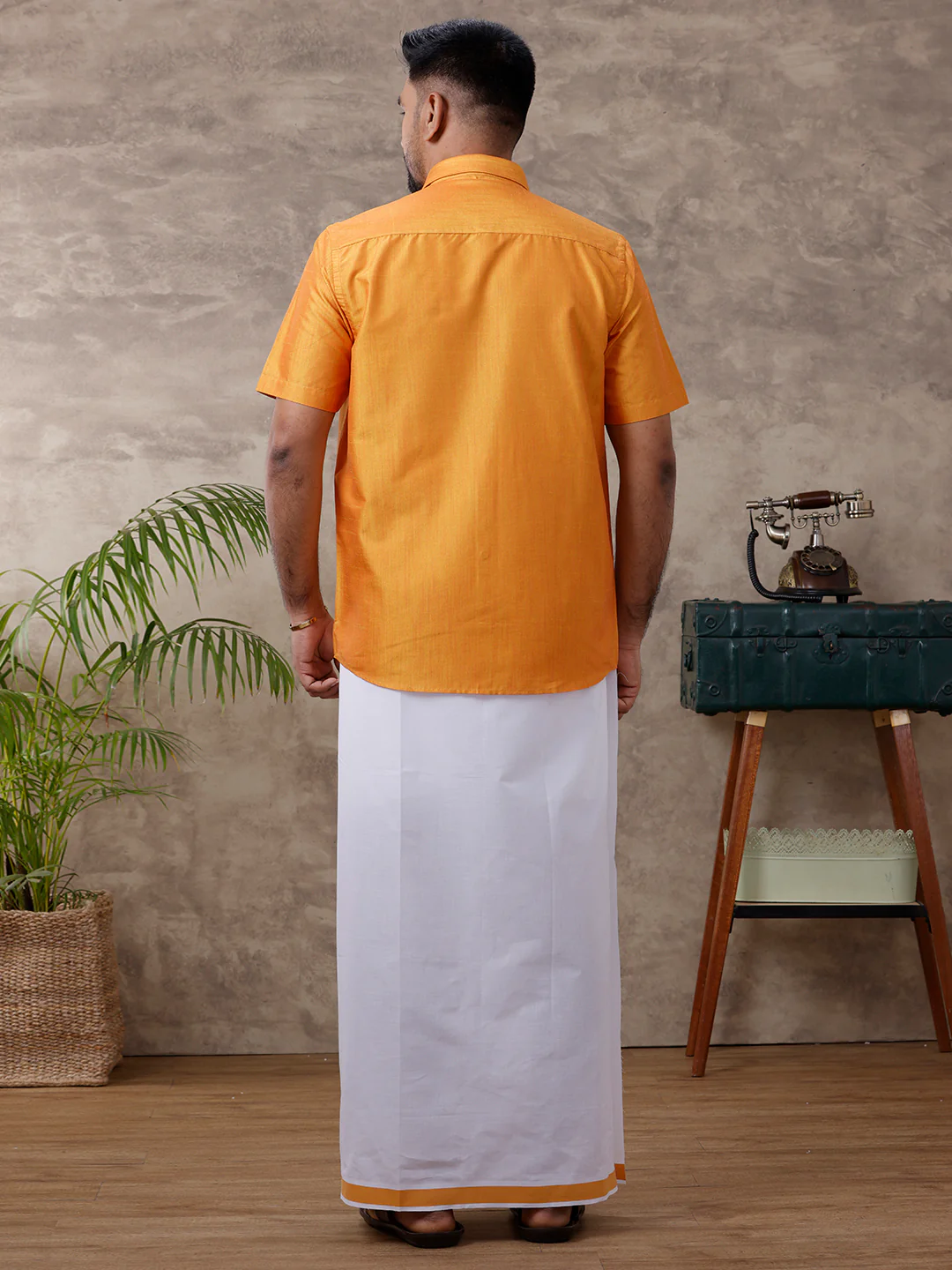 Men Matching Jari Border Dhoti & Half Sleeves Shirt Set Yellow VB2 - Image 3