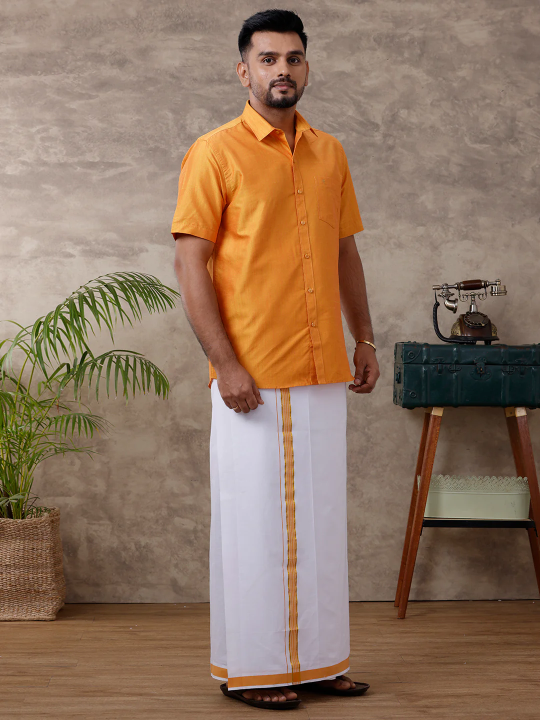 Men Matching Jari Border Dhoti & Half Sleeves Shirt Set Yellow VB2 - Image 4