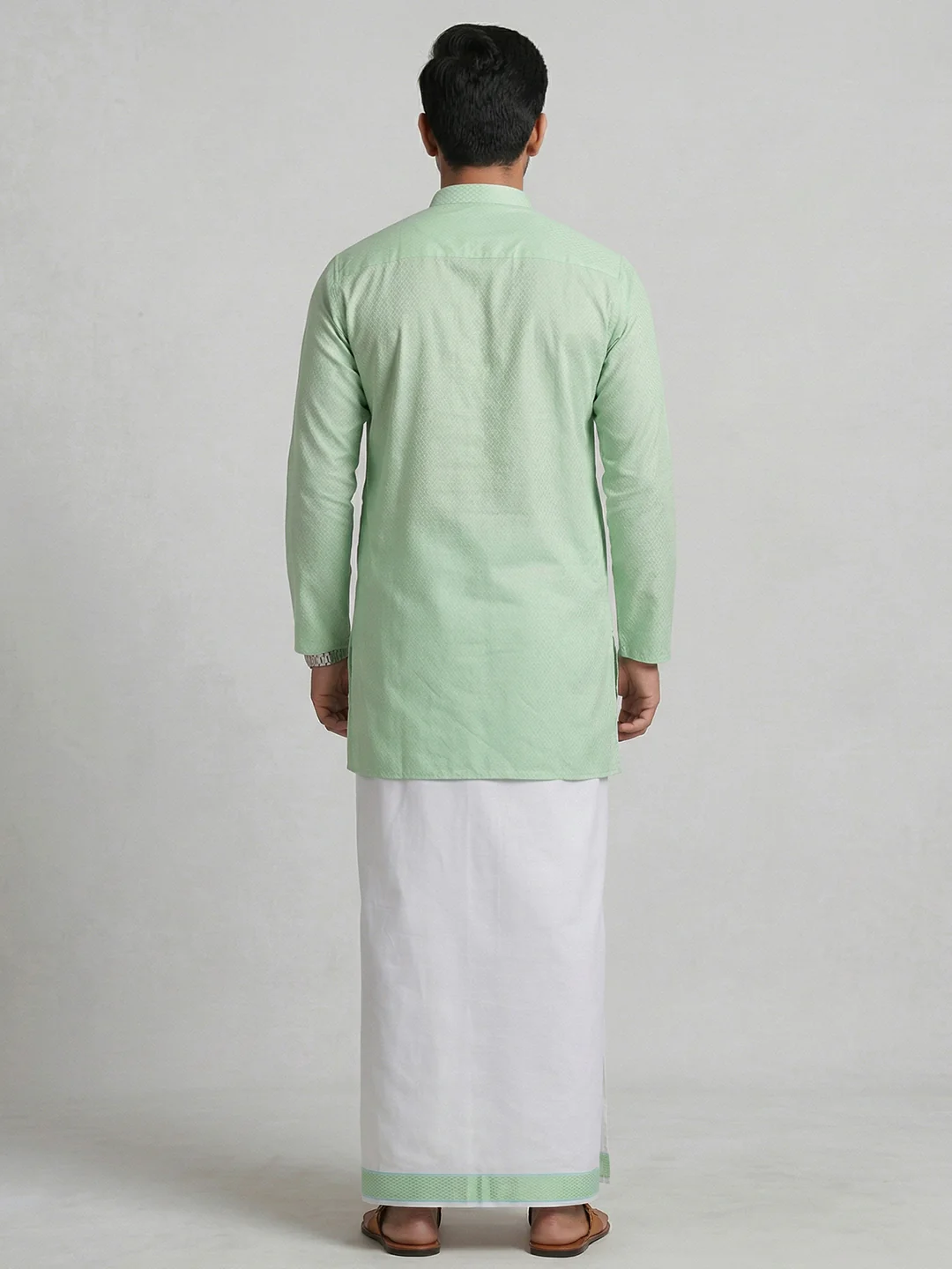 Men Mint Green Medium Length Kurta with Matching Border Dhoti Set MHJ4 - Image 3