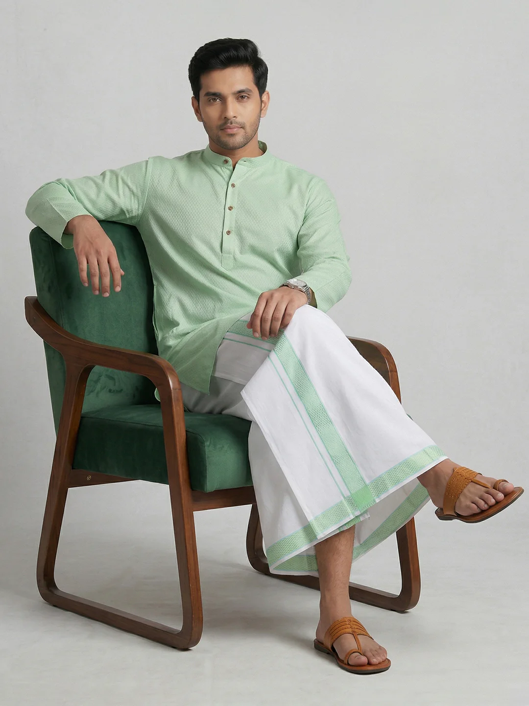 Men Mint Green Medium Length Kurta with Matching Border Dhoti Set MHJ4 - Image 5