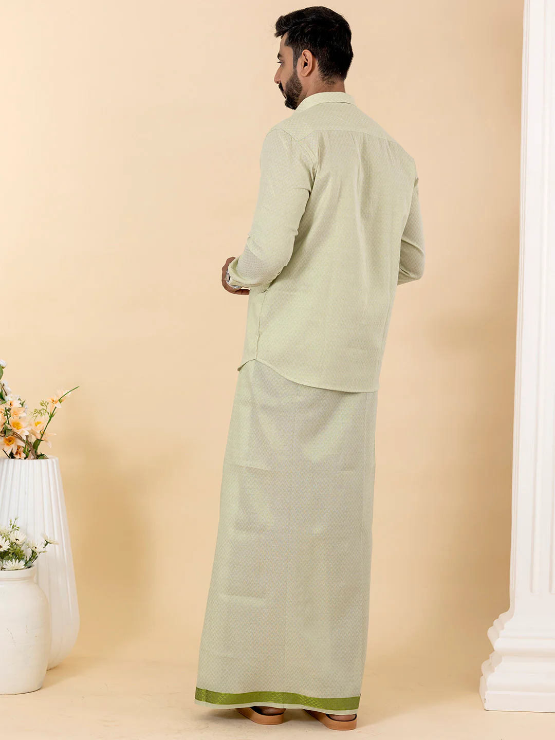 Men Moss Green Tissue Jacquard Shirt with Matching Dhoti Set MGD12 - Image 4