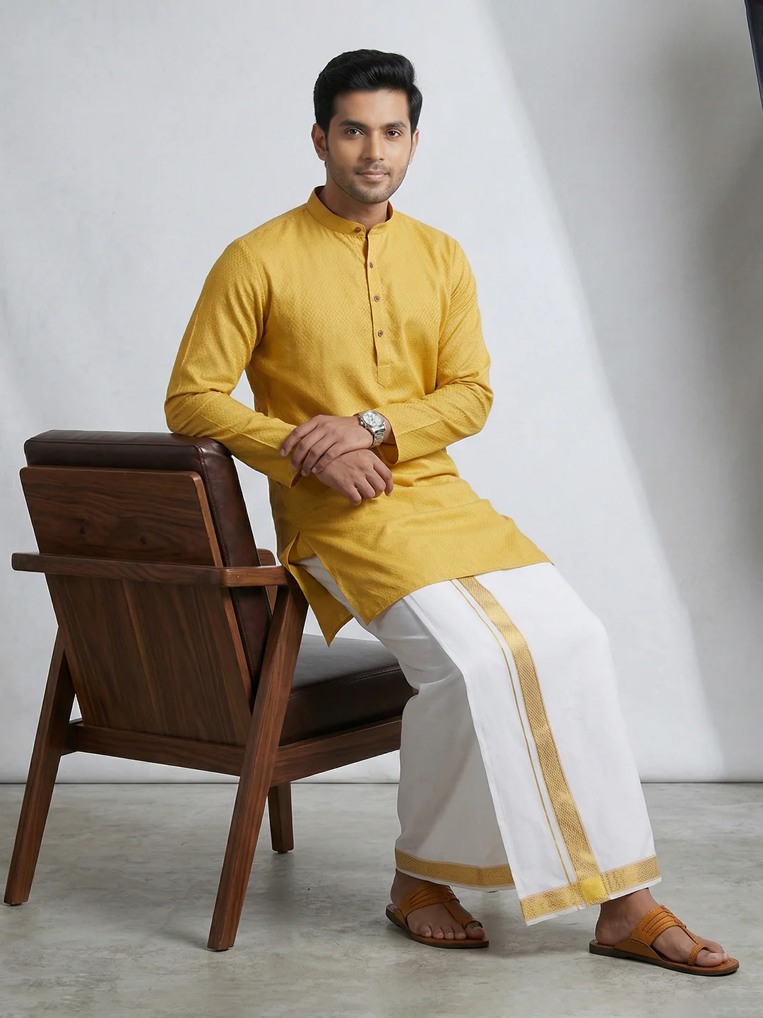 Men Mustard Yellow Medium Length Kurta with Matching Border Dhoti Set MHJ2 - Image 2