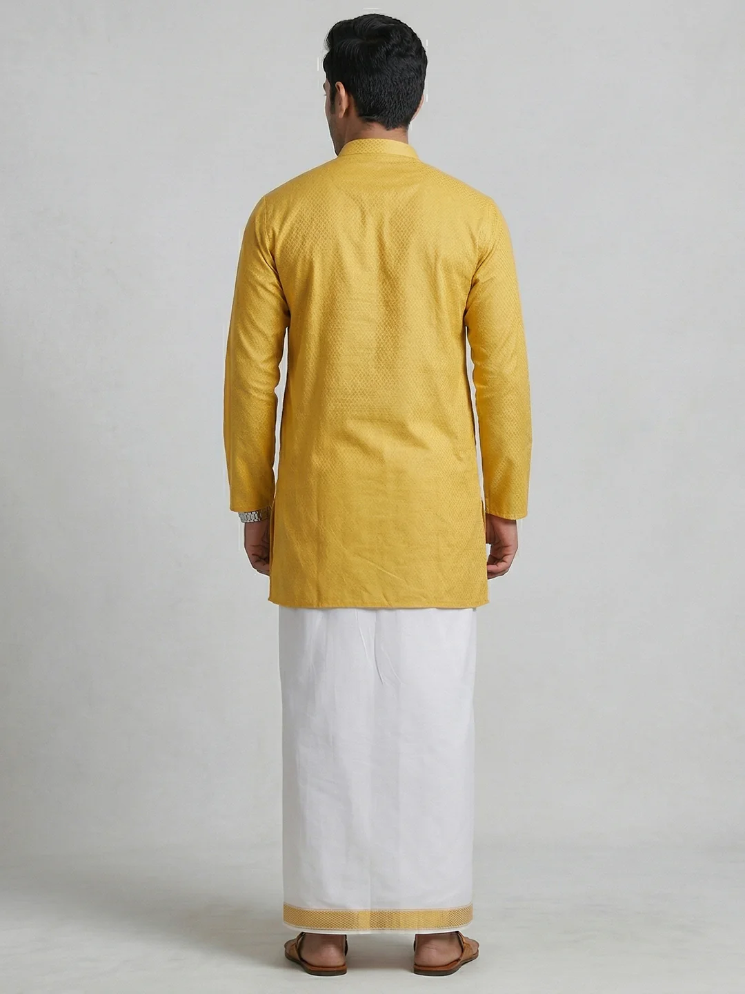 Men Mustard Yellow Medium Length Kurta with Matching Border Dhoti Set MHJ2 - Image 4
