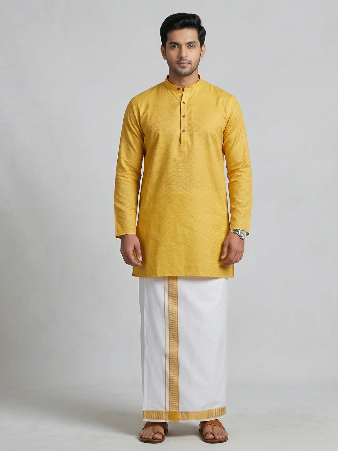 Men Mustard Yellow Medium Length Kurta with Matching Border Dhoti Set MHJ2 - Image 5