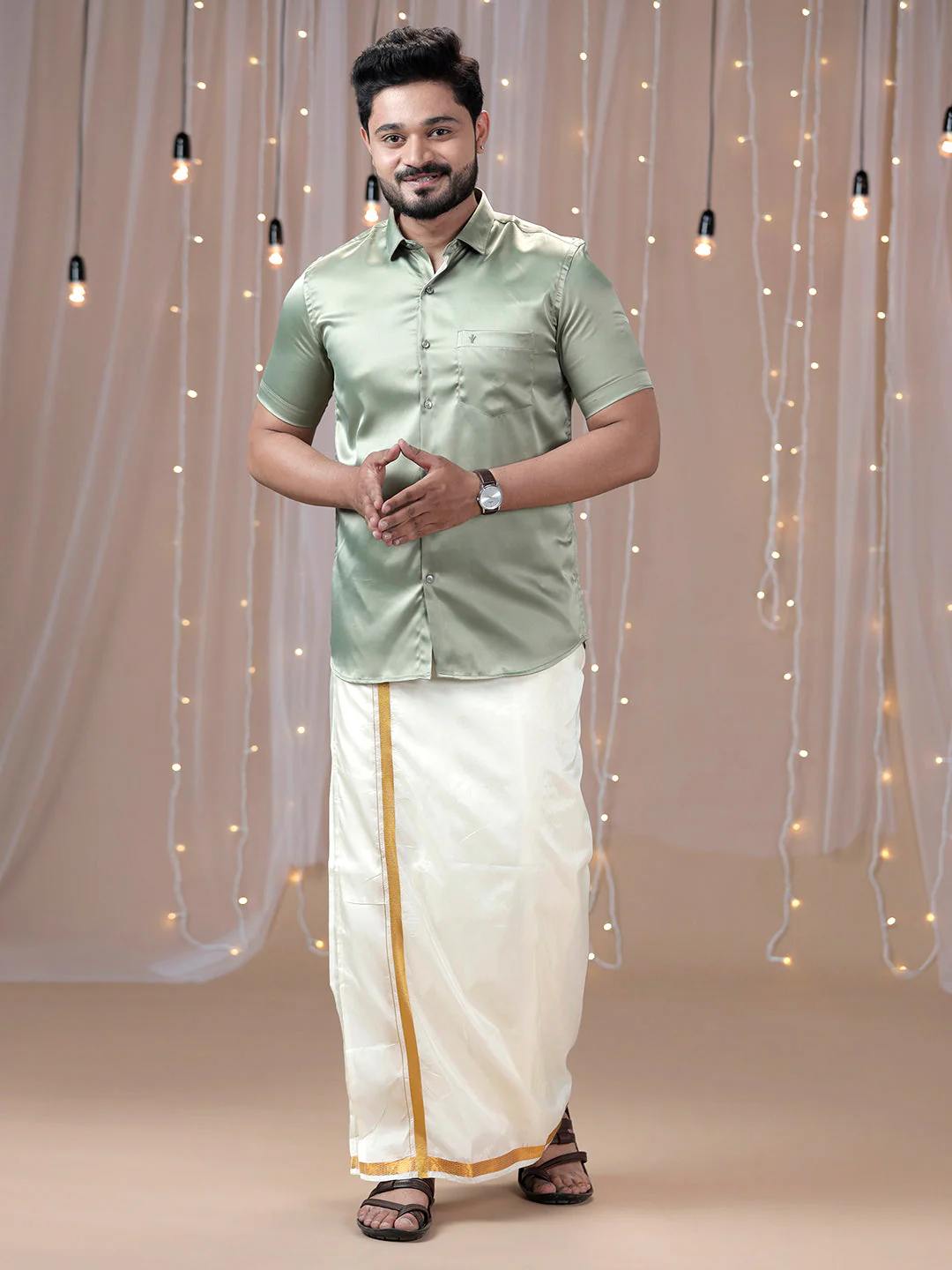 Men Olive Green Half Sleeves Shirt with Art Silk Double Layer Dhoti Combo PS1