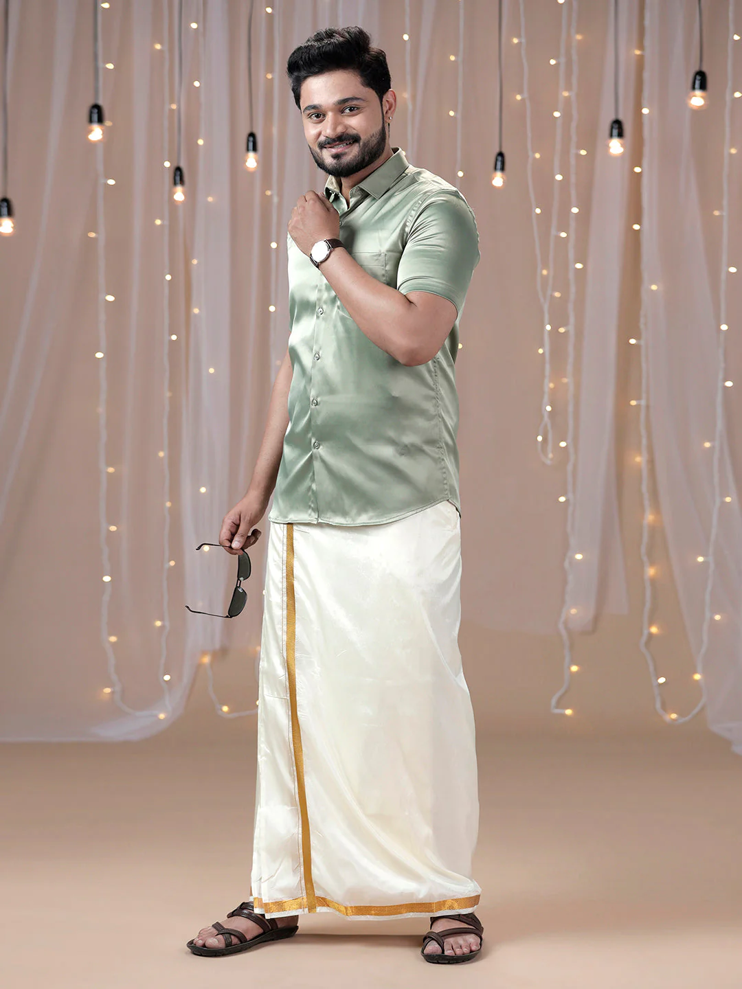 Men Olive Green Half Sleeves Shirt with Art Silk Double Layer Dhoti Combo PS1 - Image 2