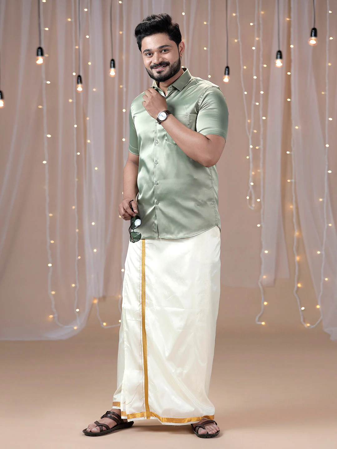 Men Olive Green Half Sleeves Shirt with Art Silk Double Layer Dhoti Combo PS1 - Image 3