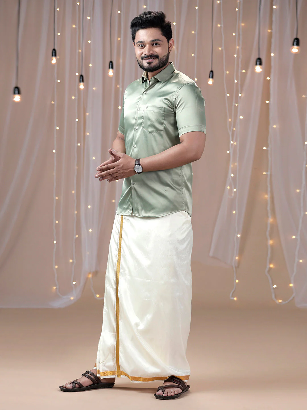 Men Olive Green Half Sleeves Shirt with Art Silk Double Layer Dhoti Combo PS1 - Image 4