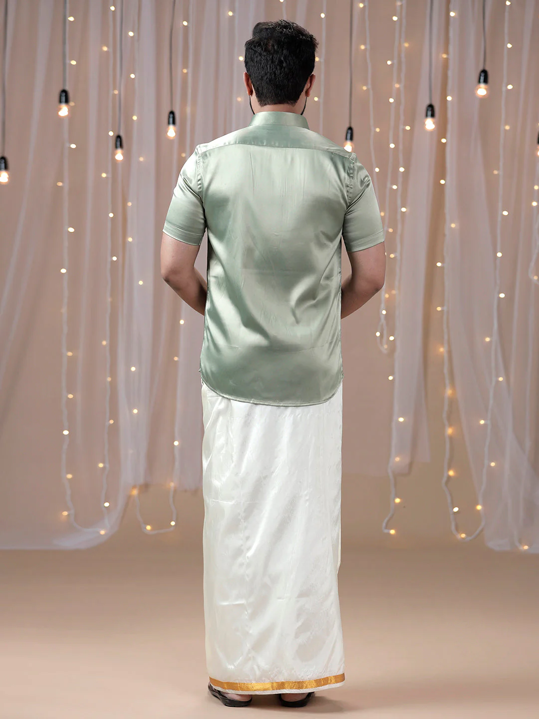 Men Olive Green Half Sleeves Shirt with Art Silk Double Layer Dhoti Combo PS1 - Image 5