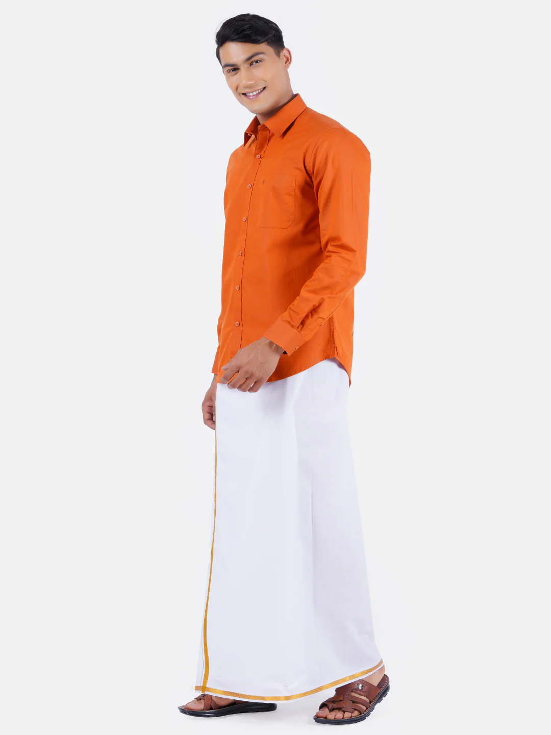 Men Orange Full Sleeves Shirt with 1/2" Inch Gold Jari Border Single Layer Dhoti Combo - Image 2