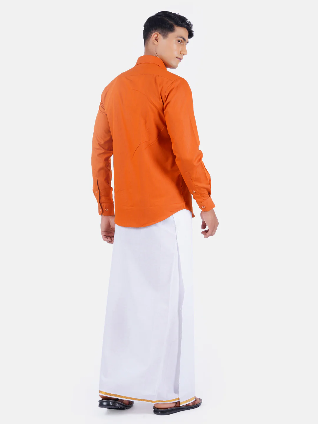 Men Orange Full Sleeves Shirt with 1/2" Inch Gold Jari Border Single Layer Dhoti Combo - Image 3