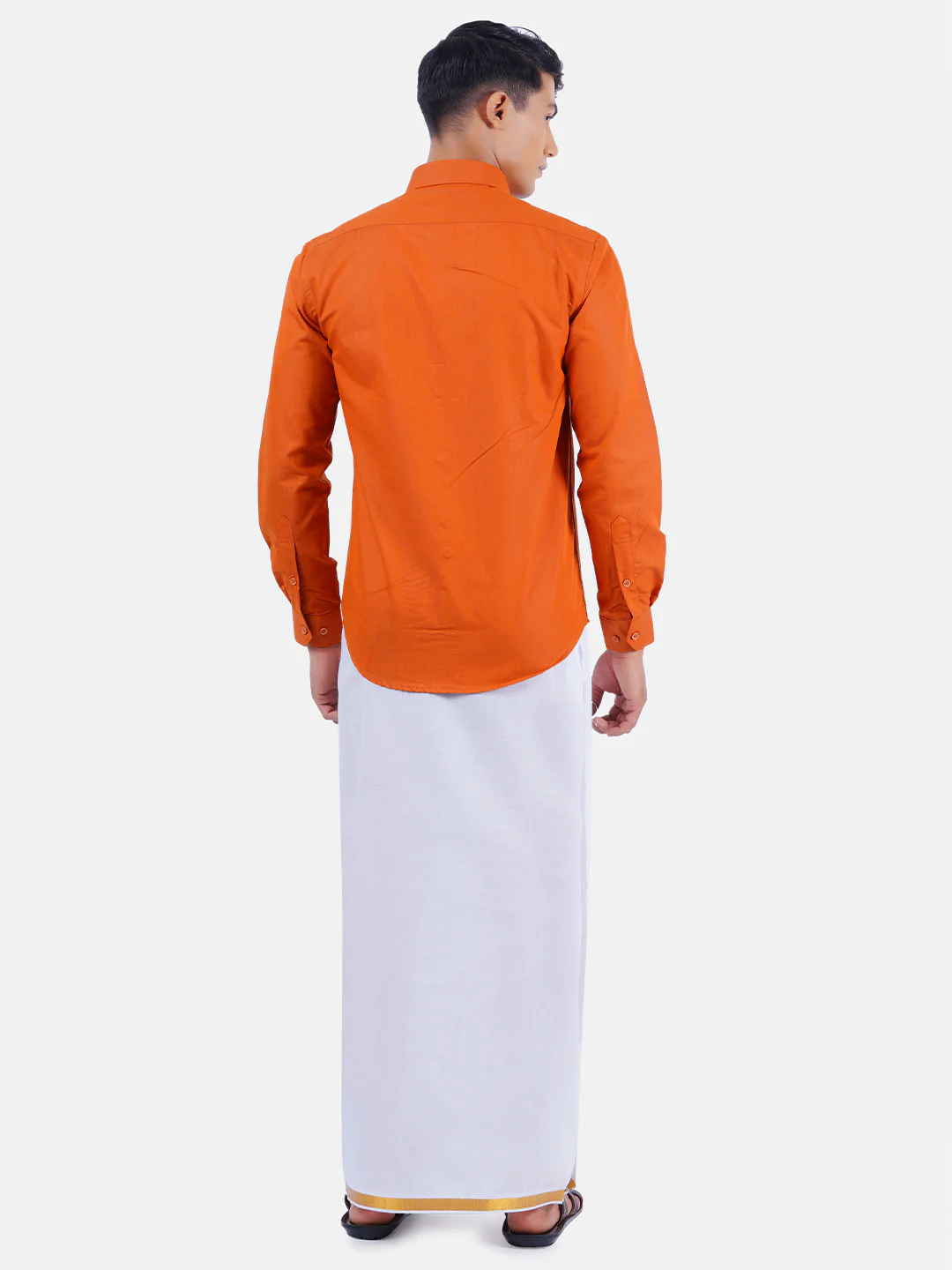 Men Orange Full Sleeves Shirt with 3/4" Inch Gold Jari Border Single Layer Dhoti Combo - Image 3