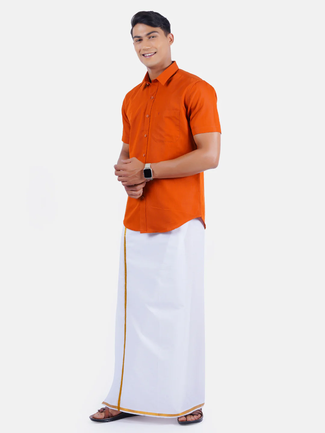 Men Orange Half Sleeves Shirt with 1/2" Inch Gold Jari Border Single Layer Dhoti Combo - Image 2