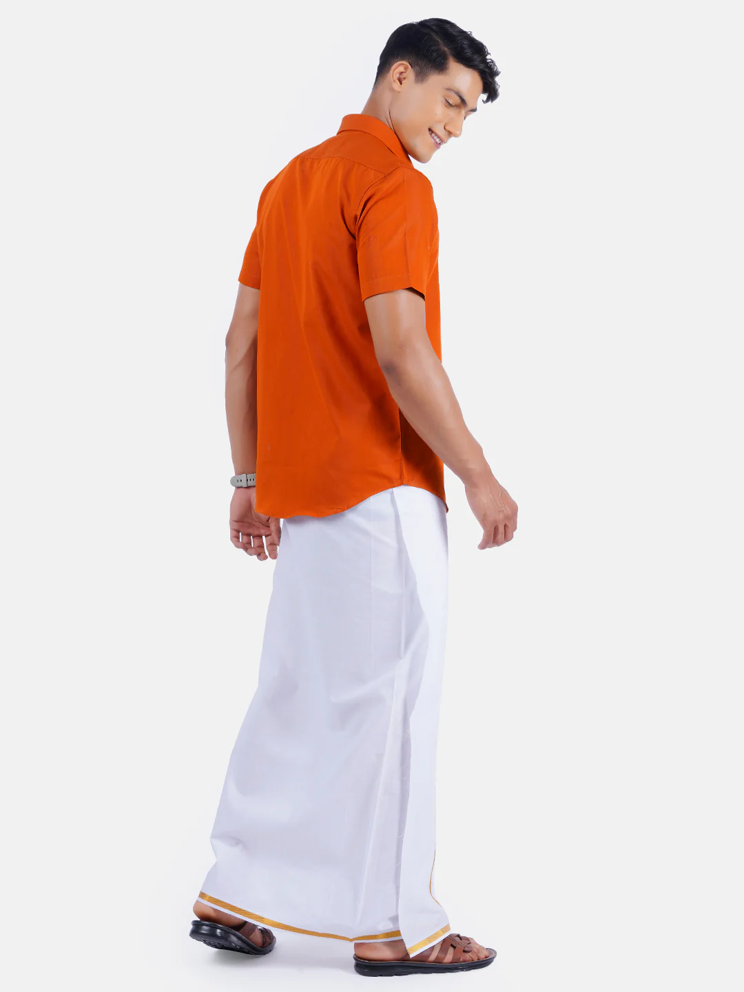 Men Orange Half Sleeves Shirt with 1/2" Inch Gold Jari Border Single Layer Dhoti Combo - Image 3