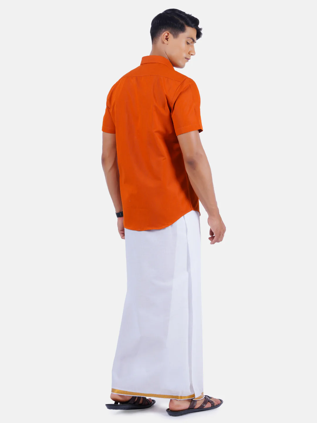 Men Orange Half Sleeves Shirt with 3/4" Inch Gold Jari Border Single Layer Dhoti Combo - Image 3