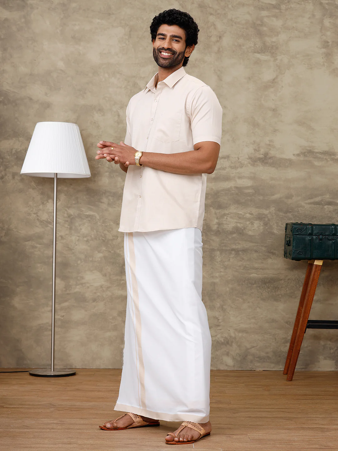 Men Pale Grey Shirt With Matching Border Dhoti Set Evolution - Image 2