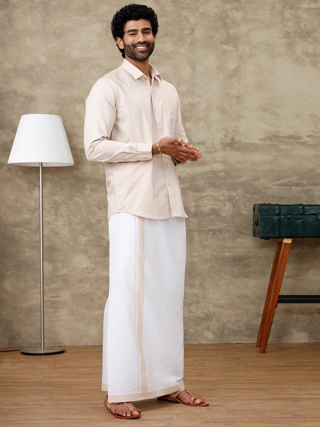 Men Pale Grey Shirt With Matching Border Dhoti Set Evolution - Image 5