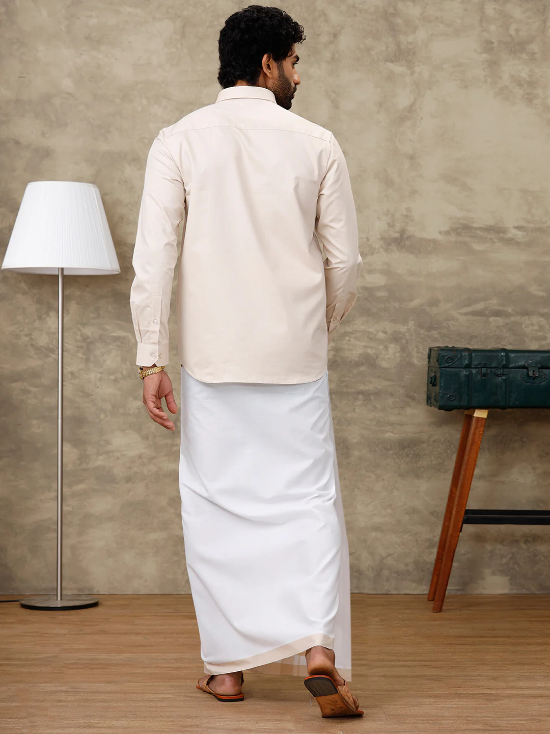 Men Pale Grey Shirt With Matching Border Dhoti Set Evolution - Image 6