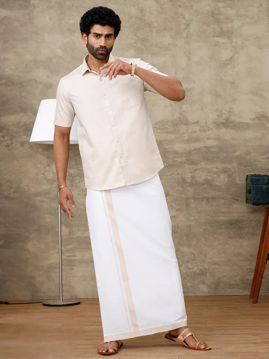 Men Pale Grey Shirt With Matching Border Dhoti Set Evolution - Image 7