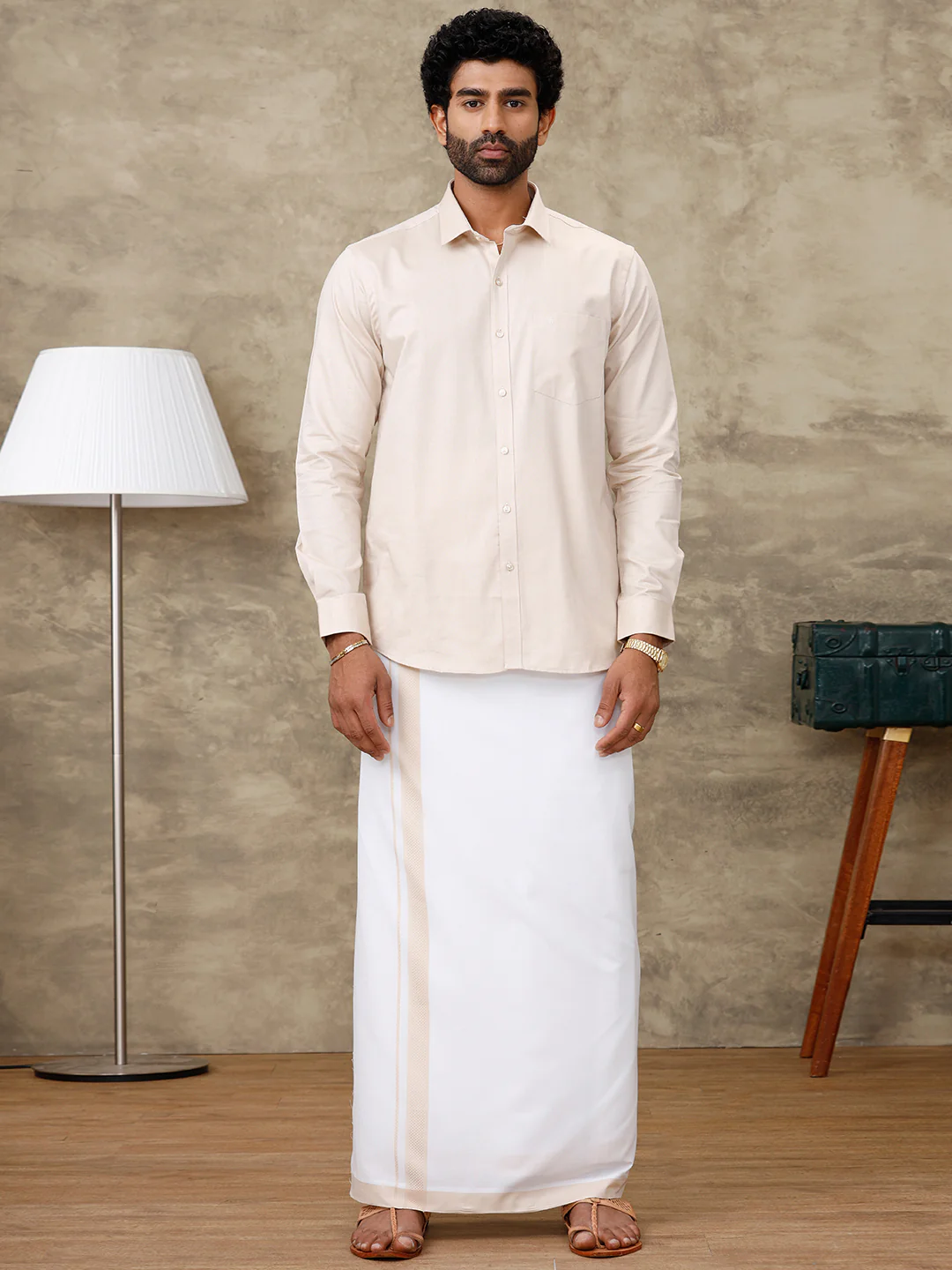 Men Pale Grey Shirt With Matching Border Dhoti Set Evolution - Image 8