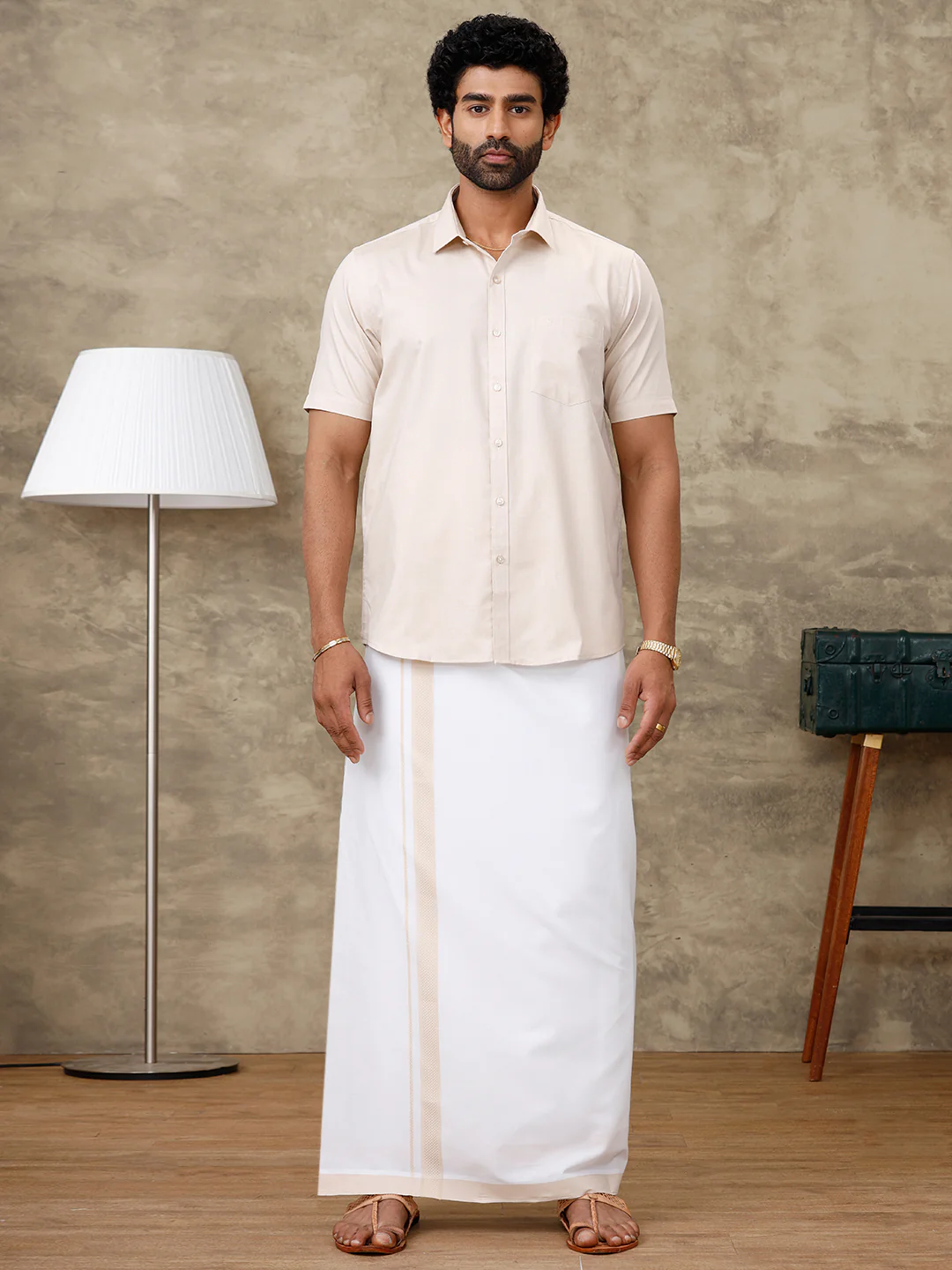 Men Pale Grey Shirt With Matching Border Dhoti Set Evolution - Image 9
