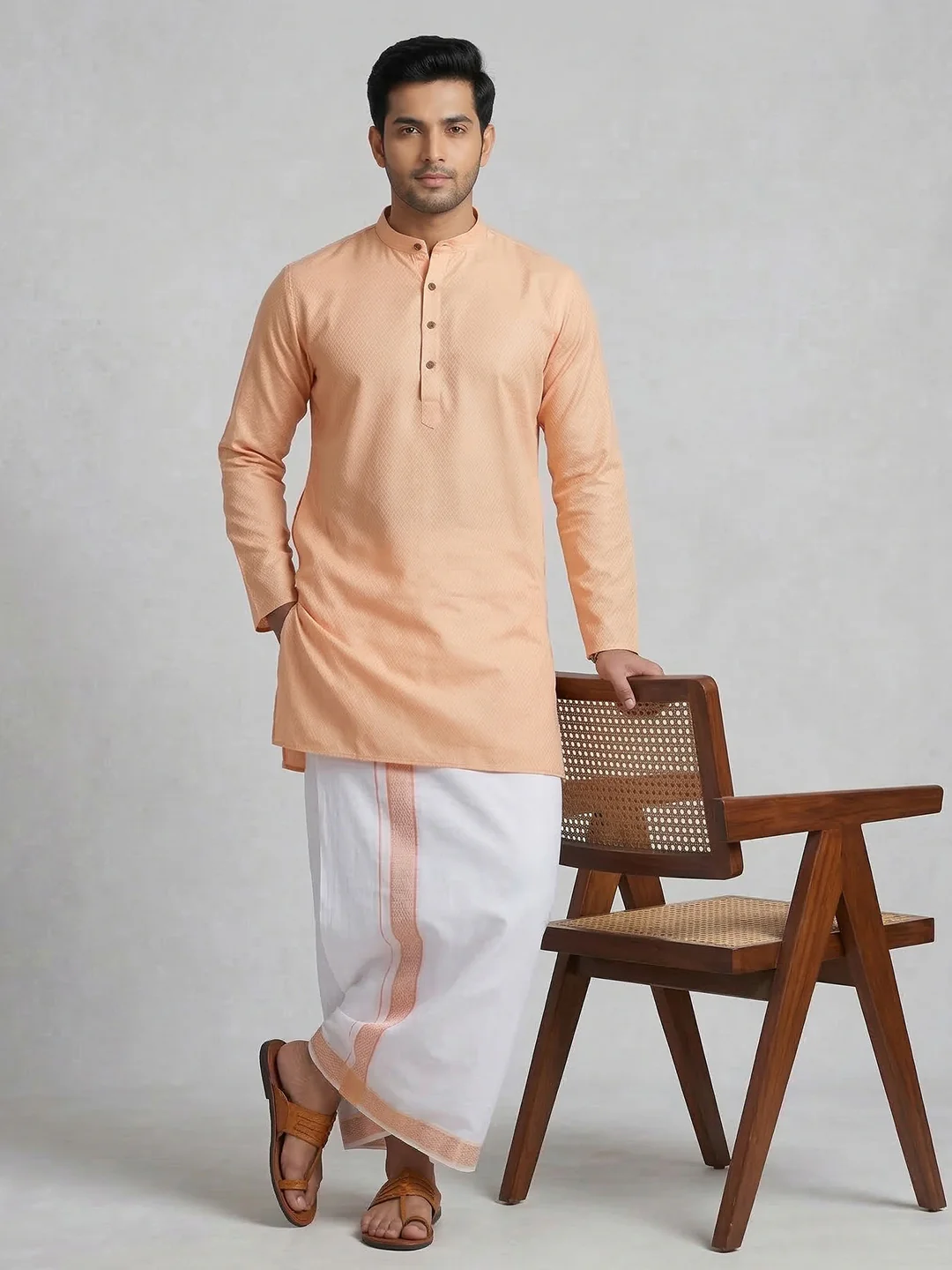 Men Peach Medium Length Kurta with Matching Border Dhoti Set MHJ5 - Image 2