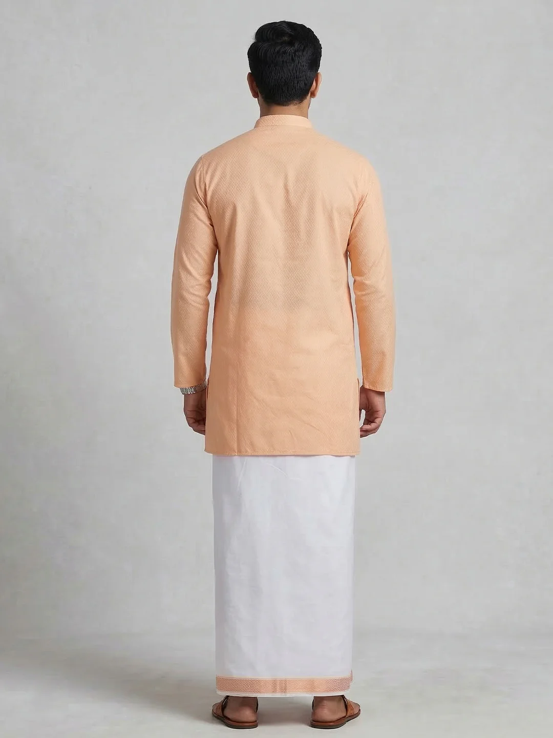 Men Peach Medium Length Kurta with Matching Border Dhoti Set MHJ5 - Image 3