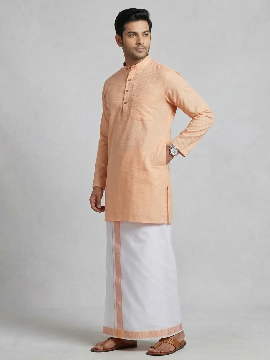 Men Peach Medium Length Kurta with Matching Border Dhoti Set MHJ5 - Image 6