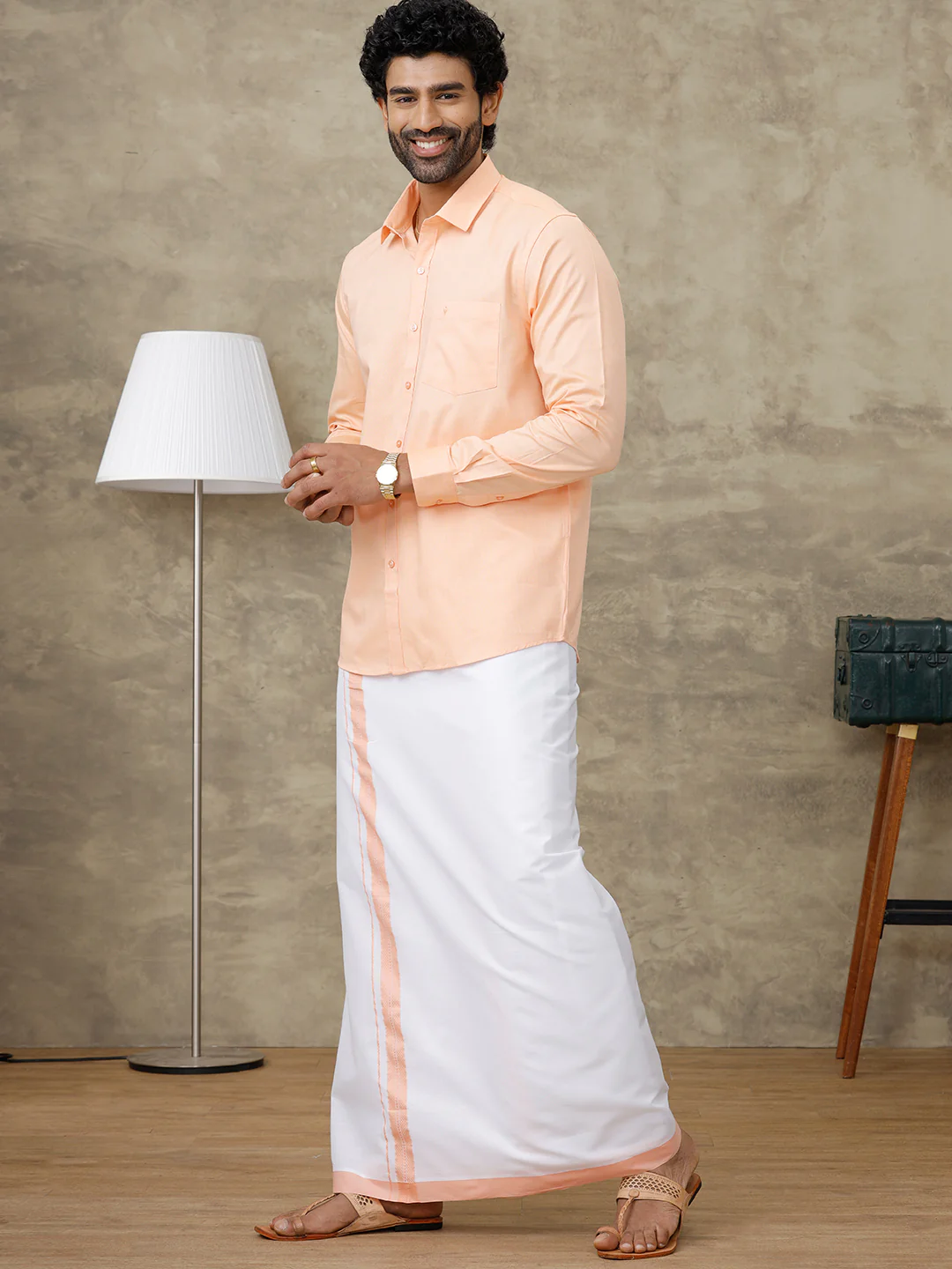 Men Peach Shirt With Matching Border Dhoti Set Evolution - Image 3