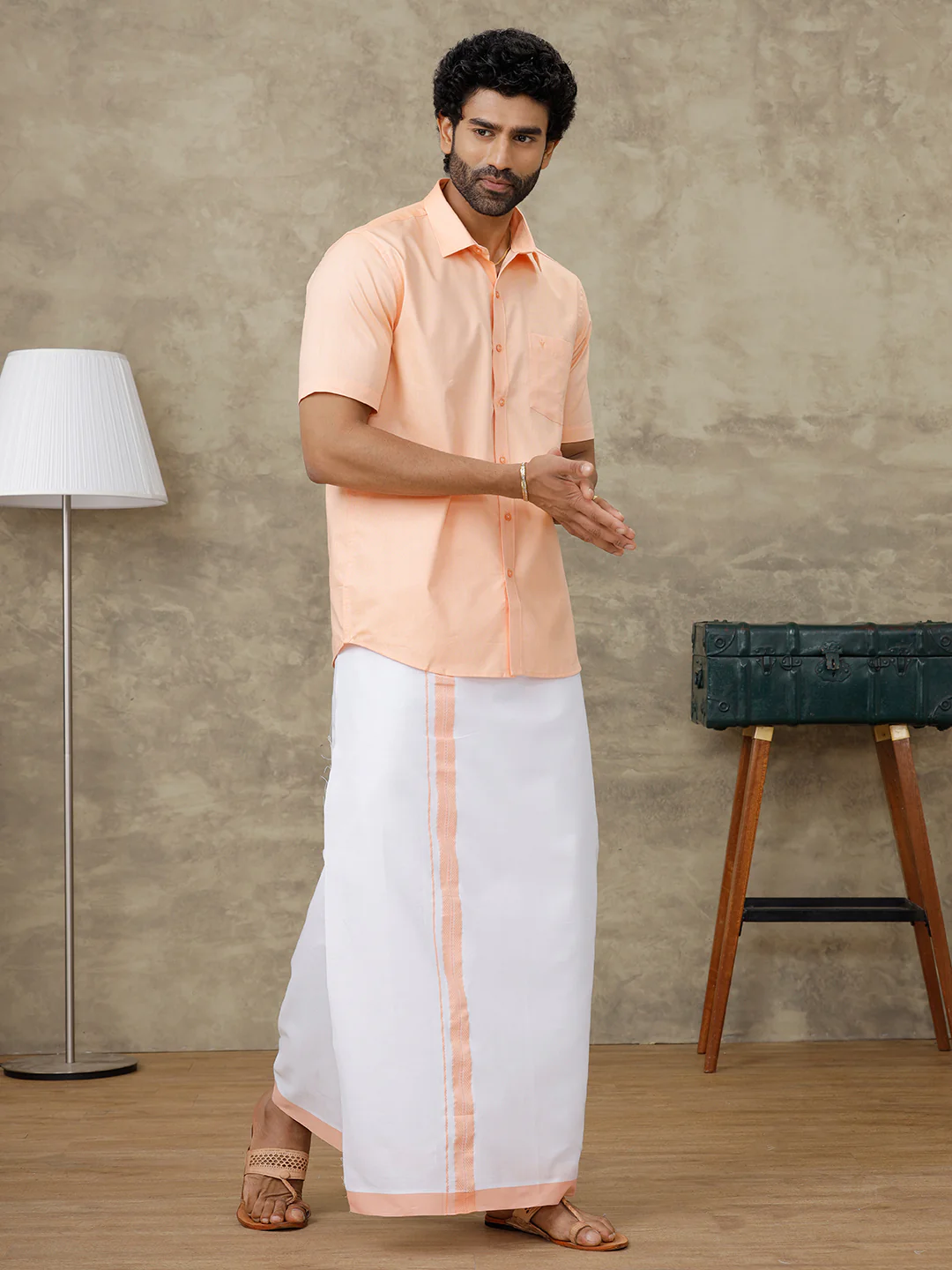 Men Peach Shirt With Matching Border Dhoti Set Evolution - Image 4