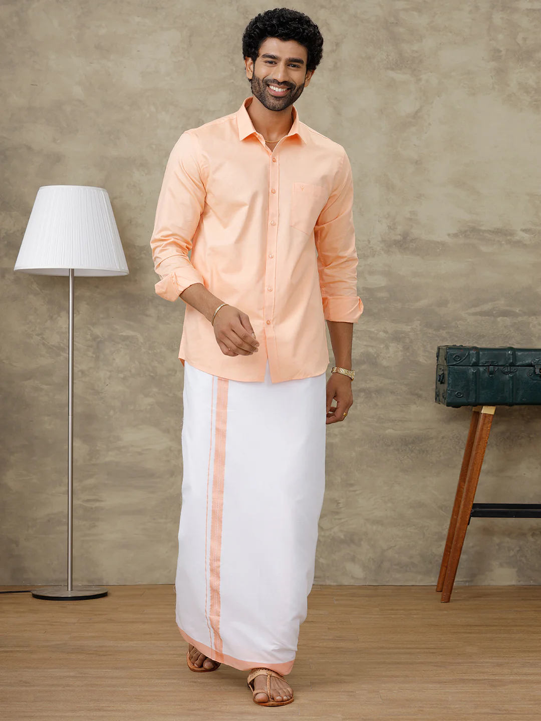 Men Peach Shirt With Matching Border Dhoti Set Evolution - Image 5