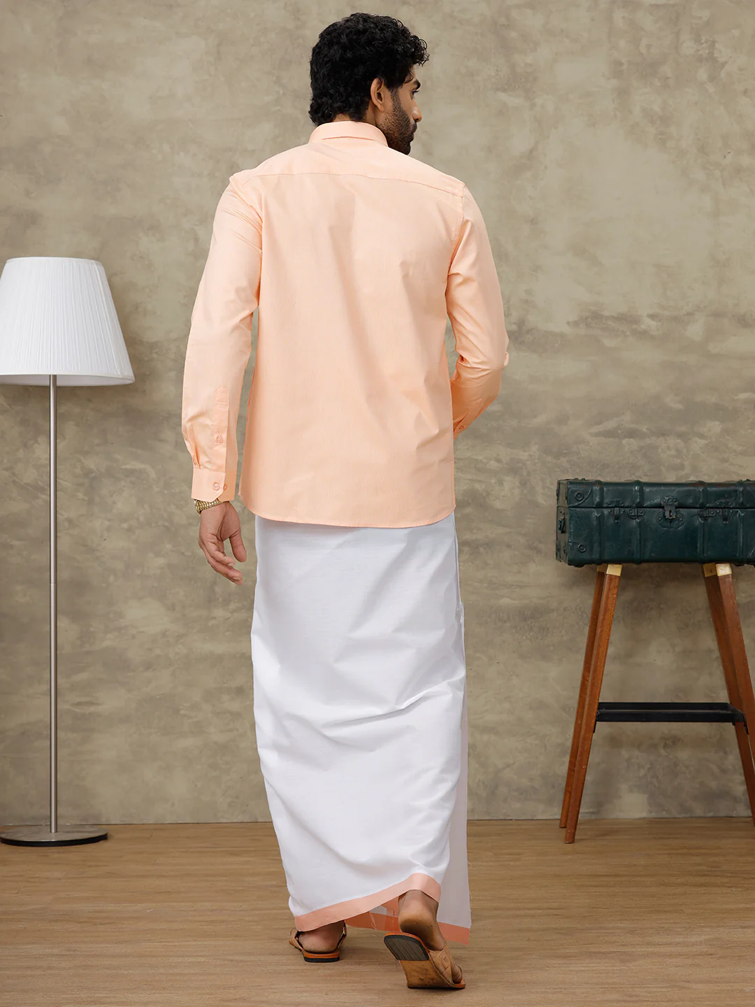 Men Peach Shirt With Matching Border Dhoti Set Evolution - Image 8