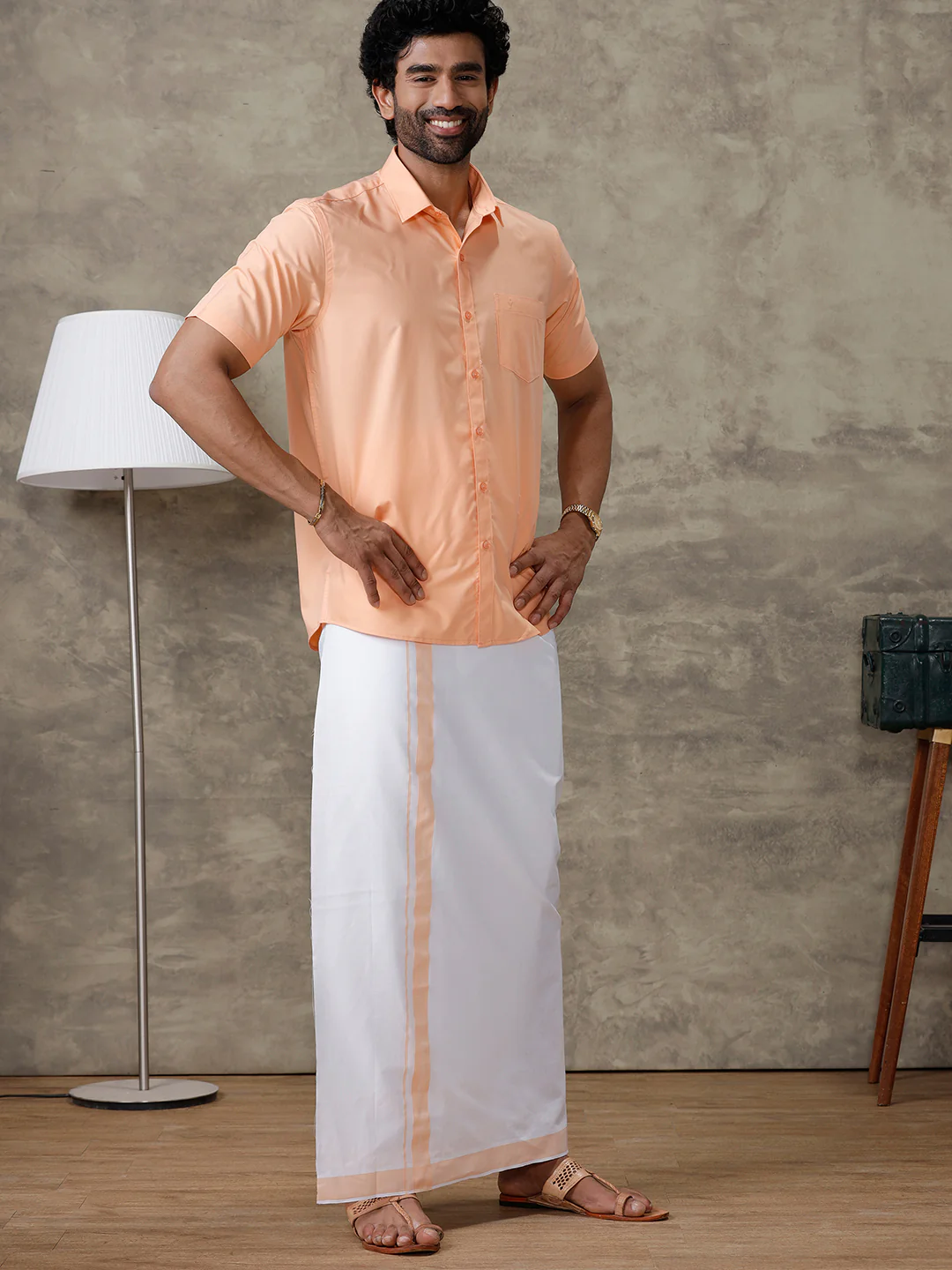 Men Peach Shirt With Matching Border Dhoti Set Trendy - Image 2