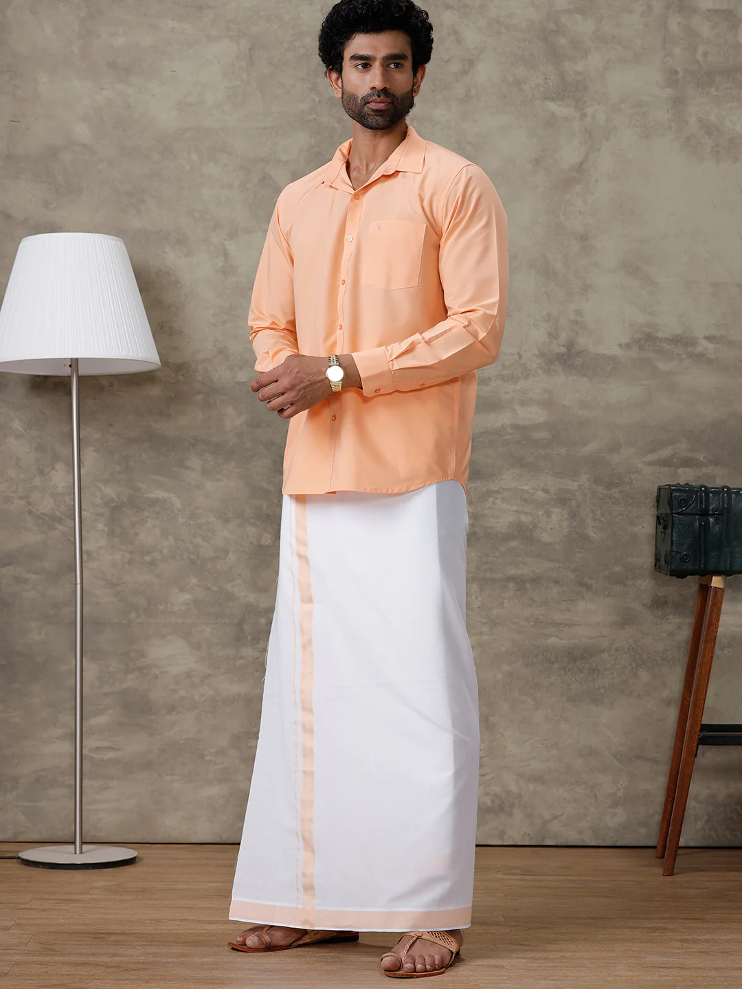 Men Peach Shirt With Matching Border Dhoti Set Trendy - Image 3