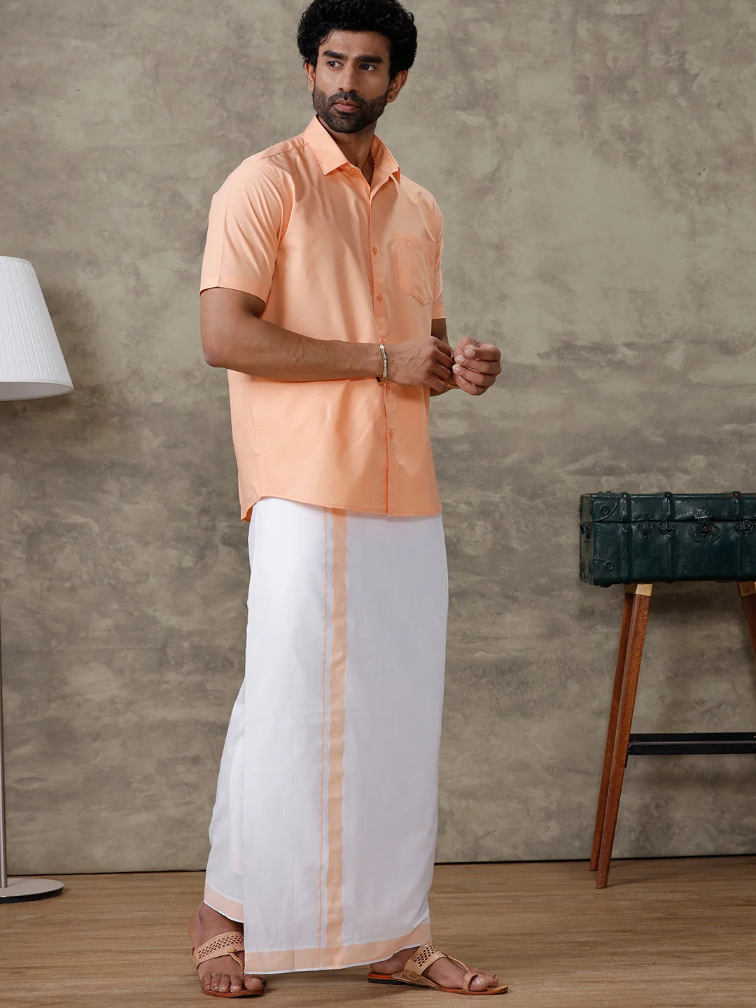Men Peach Shirt With Matching Border Dhoti Set Trendy - Image 4