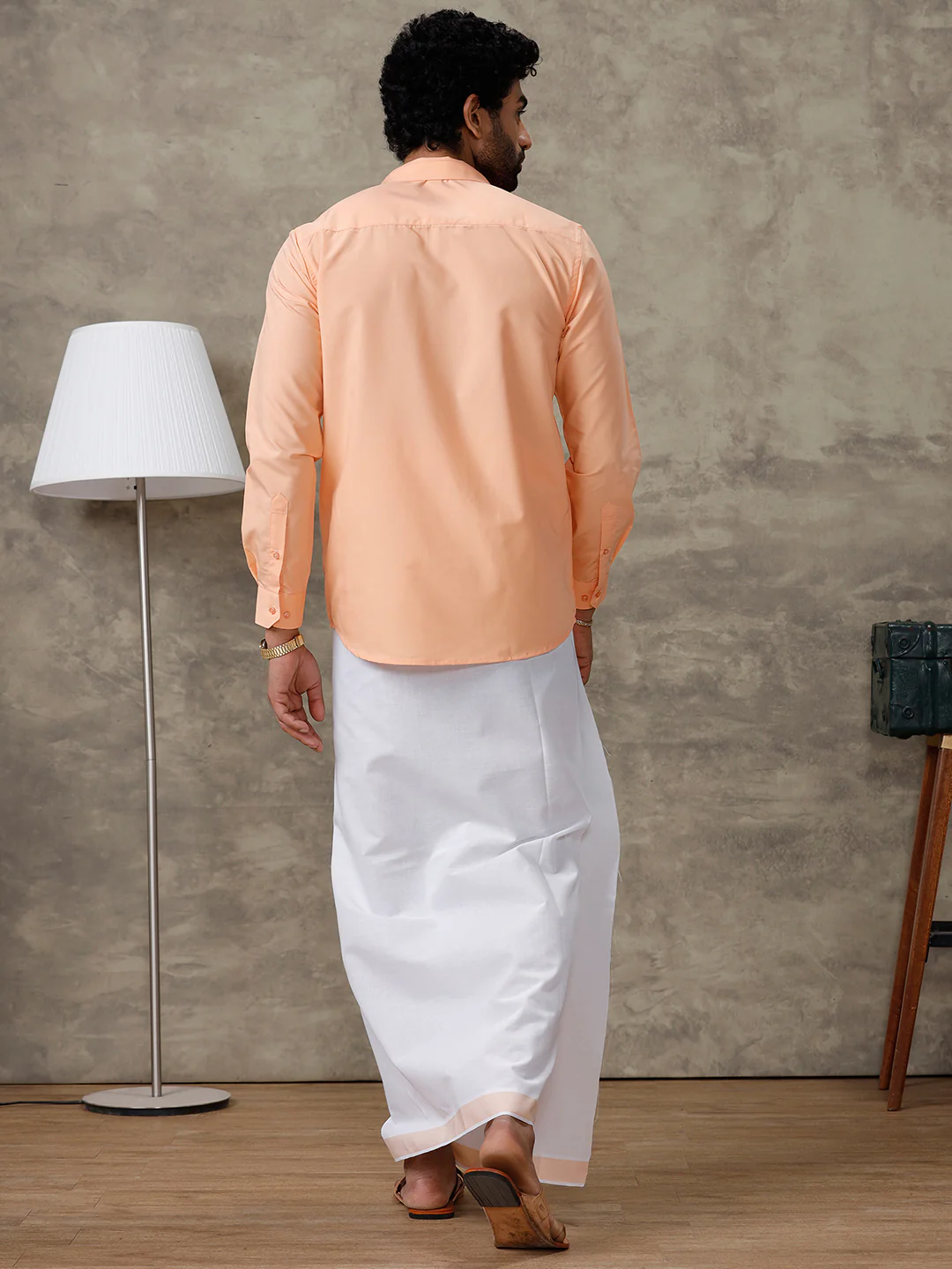 Men Peach Shirt With Matching Border Dhoti Set Trendy - Image 7